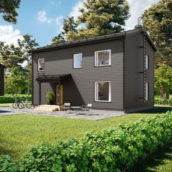 Kastelli City 144 on Asunto johon kuuluu kaksi kerrosta ja oven eteen suojaava lippa. Asunnossa harmaa julkisivu ja mustakatto.