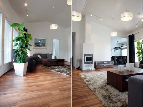 <p data-block-key="9nt90">Valokaari sisäpuolelta ja vastakkaiselta suunnalta kuvattu näkymä olohuoneesta.</p>