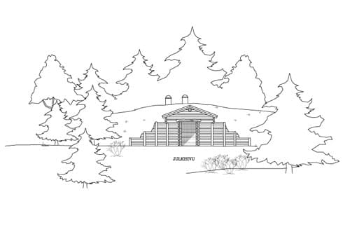 <p data-block-key="zqq39">Korsusaunan julkisivusuunnitelma. (piirros: Holvisaunat)</p>