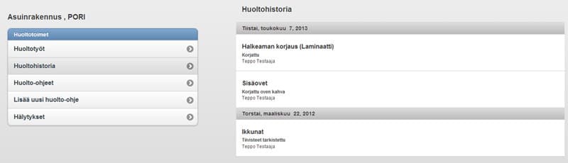 <p data-block-key="alry6">Huoltohistorian tiedoista näkyy helposti talolle tehdyt huoltotyöt.</p>