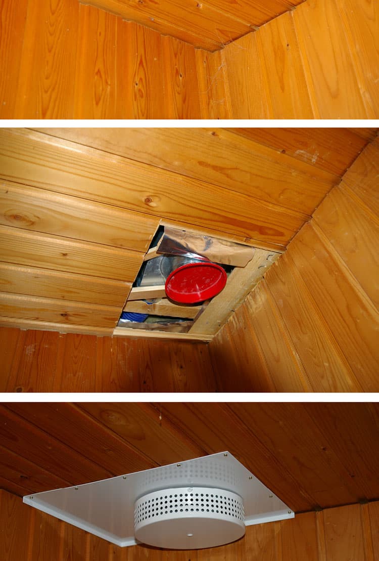 <p data-block-key="1oi2u">Kattorakenne viimeistellään peitelevyllä ja peitelevyyn kiinnitetään myös tuloilmaventtiili, jonka tuloilma ohjataan kiuasta kohden hyvän hengitysilman saamiseksi löylyssä istuville.</p>