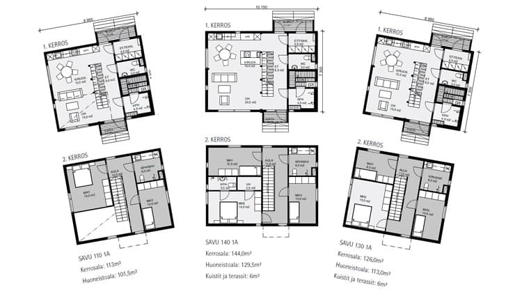 Honka Savu -malliston koteja on saatavilla viidessä eri koossa. Kuvassa koot 110, 140 ja 130 m².