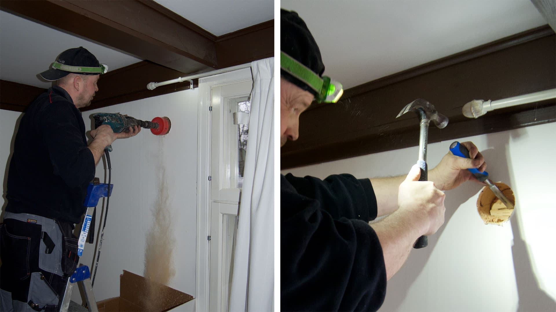 <p data-block-key="aubb6">Merkkireikää seurataan kuppiterällä. Kun on porattu kupin syvyydeltä, tämän jälkeen taltataan porattu palanen pois reiästä. Ulkopuolelta kannattaa tulla hieman vastaan, niin seinäpinnat pysyvät varmasti ehjinä.</p>