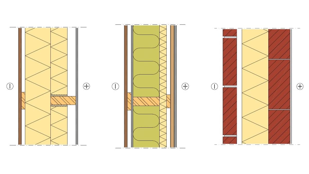 Kuvassa ulkoseinärakenteet: 1. Puurunko, yhtenäinen eristekerros ulkopuolella, eristeenä: Kingspan Therma TW55 2. Puurunko, Kingspan Therma TW55 -höyrynsulkuratkaisu, eristeenä: Mineraalivilla 3. Täystiiliseinä, eristeenä:Kingspan Therma TW50