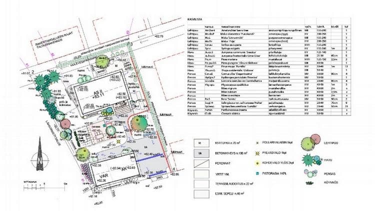 Sirpa Pasasen toteuttama pihasuunnitelma kasveineen.