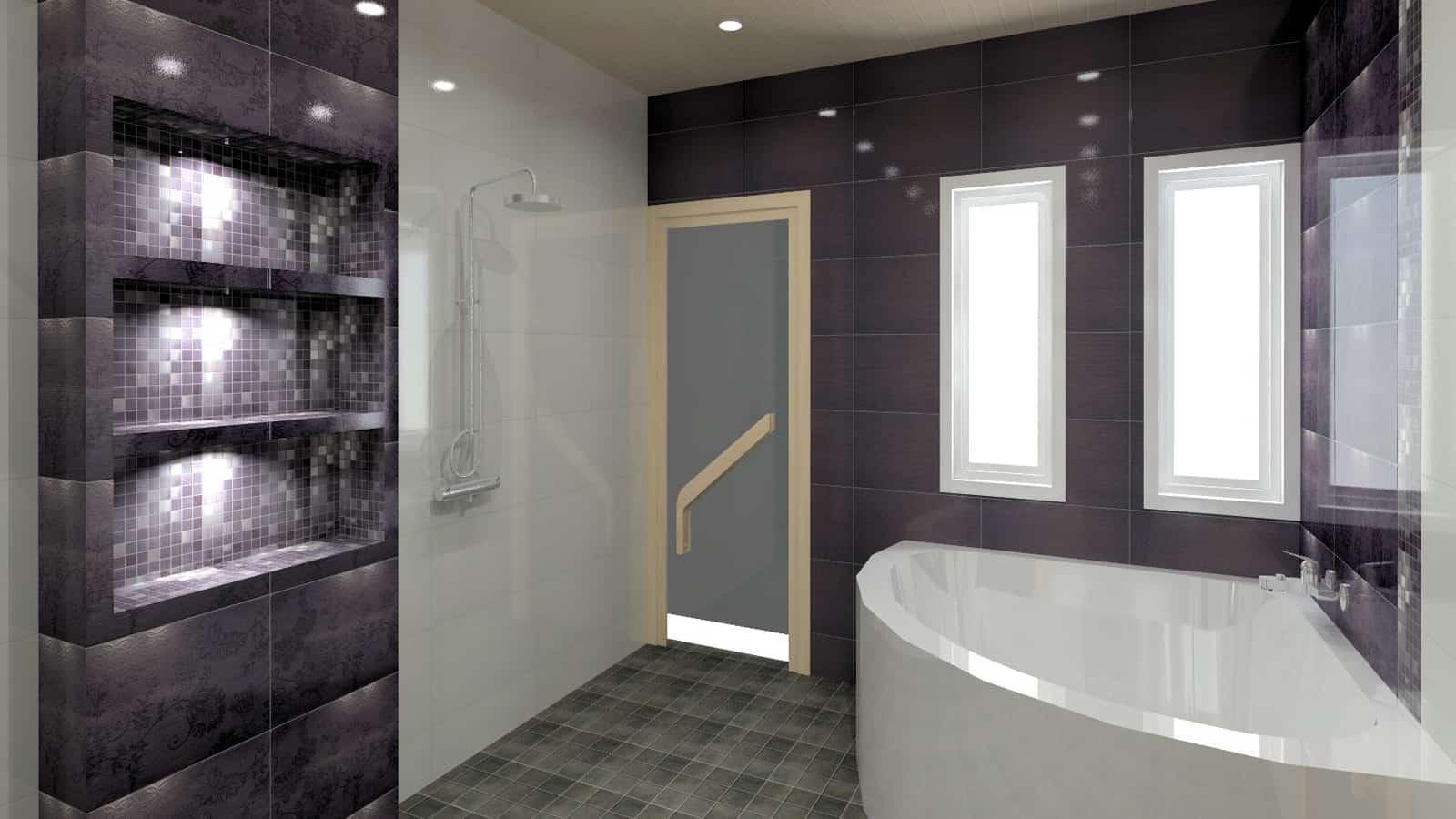 Tehosteväreillä luodaan tyylikästä ilmettä ja luksusta kylpyhuoneeseen.