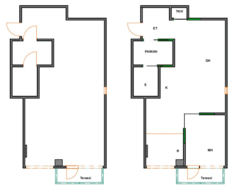 <p data-block-key="d31pn">Tersärankaisella väliseinä- ja liukuoviratkaisulla saadaan mukavasti rauhallista tilaa pieneenkin asuntoon.</p>