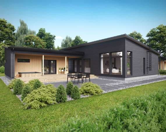 <p data-block-key="ut3bk">Tässä pulpettikattoisessa mallissa on avara olokeittiö ja oma erillinen saunaosasto tupineen.</p>