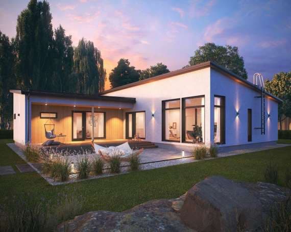 <p data-block-key="v84co">Tässä pulpettikattoisessa L-muotoisessa talossa on saunaosasto omassa siivessään.</p>