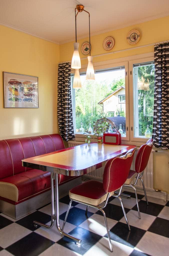 <p data-block-key="f6s76">KUVA 2: Ruokailuryhmän päällä vintage-valaisimissa valaisevat LedStoren E27-kantaiset hehkulamppua korvaavat laadukkaat polttimot, valon värisävyssä 3000K.</p>