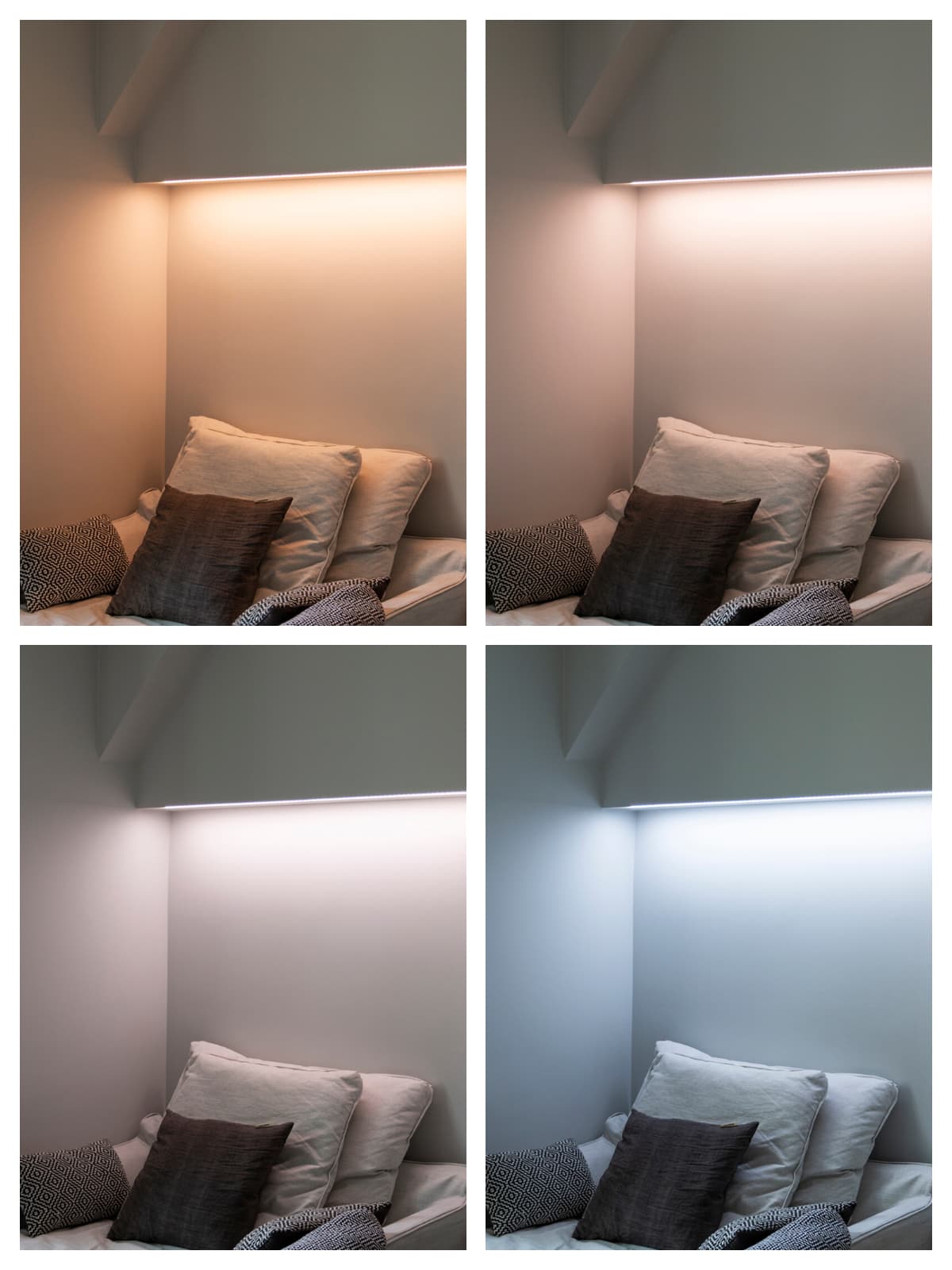 <p data-block-key="l6zzt">Kuva 3. Värilämpötilan vaihtelulla saadaan aikaan erilaisia tunnelmia. Kuvassa värilämpötilasäädettävä CCT-led-nauha rakenteeseen upotetussa alumiiniprofiilissa.</p>