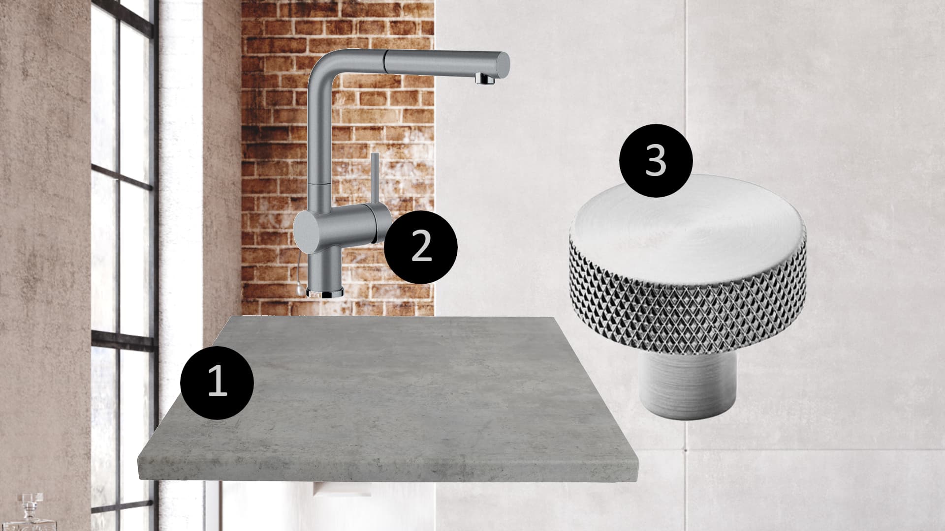 <p data-block-key="495ac">Kolme harmaata tuoteideaa industrial-henkiseen keittiöön: 1) Raakabetonia jäljittelevä harmaa laminaattitaso, 2) korkea linjakas hana ja 3) ruostumattomasta teräksestä valmistettu nuppivedin, jossa on teollinen muotoilu.</p>