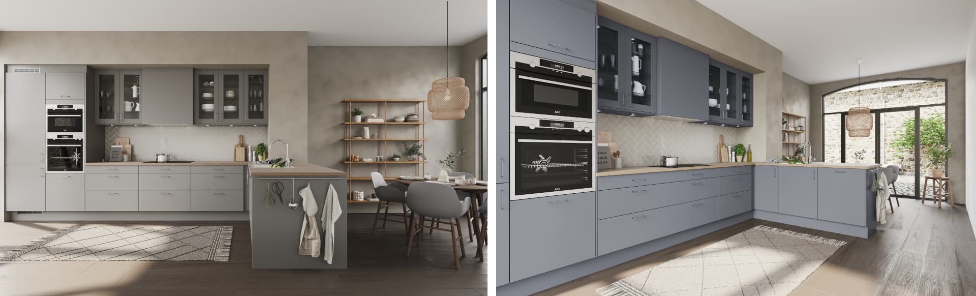 <p data-block-key="i5iii">Kalusteiden harmaan sävyllä on yllättävän suuri vaikutus koko keittiön ilmeeseen, joten valinta kannattaa tehdä huolella. Vasemmalla on vaaleanharmaa Powerin Norema Hedy -keittiö ja oikealla saman keittiömallin keskiharmaa versio.</p>