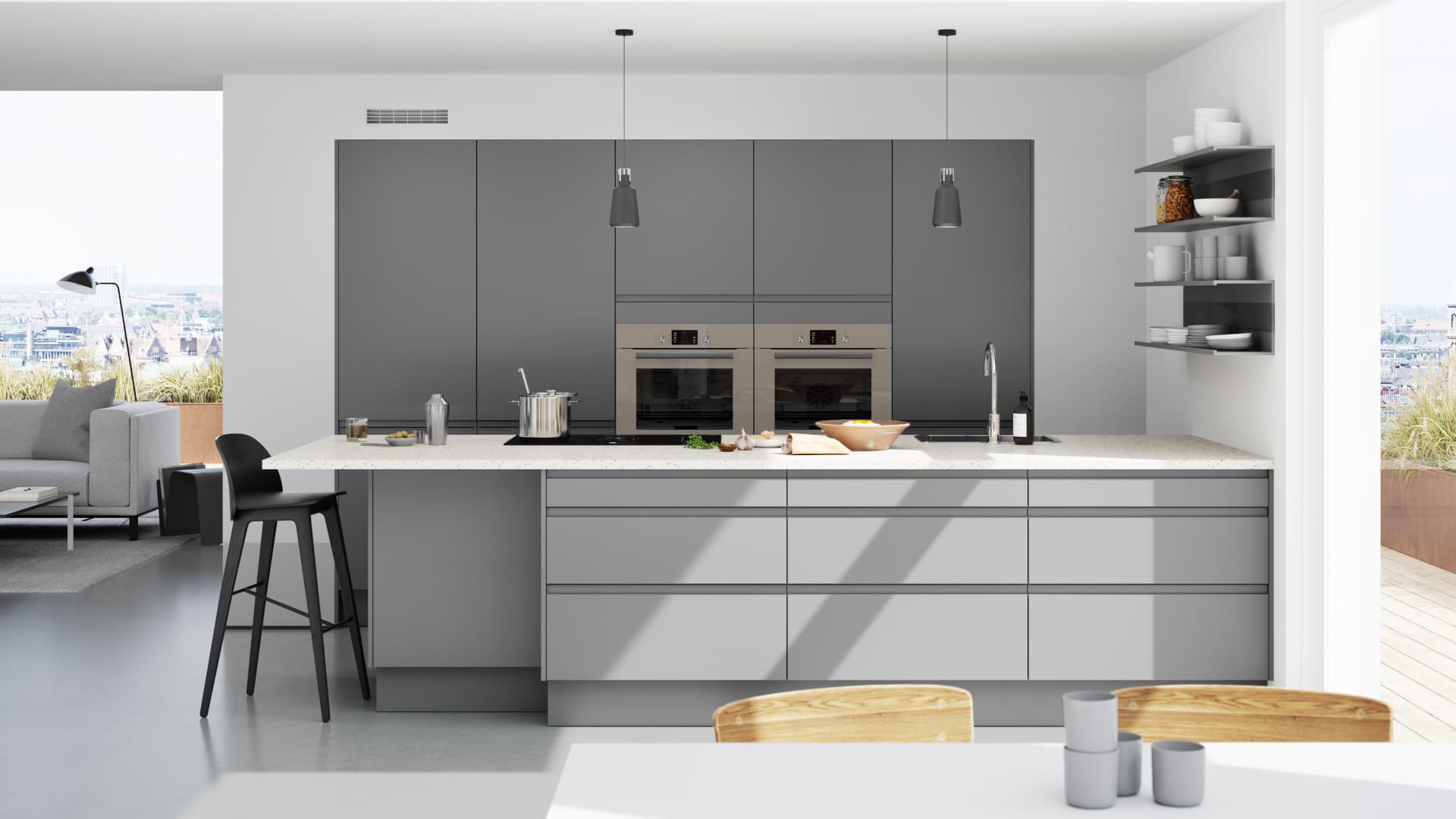 <p data-block-key="95aal">Selkeälinjaiset vetimettömät ovet tuovat keittiöön modernia ilmettä. Kuvan keittiö on keskiharmaa Norema Magnora.</p>