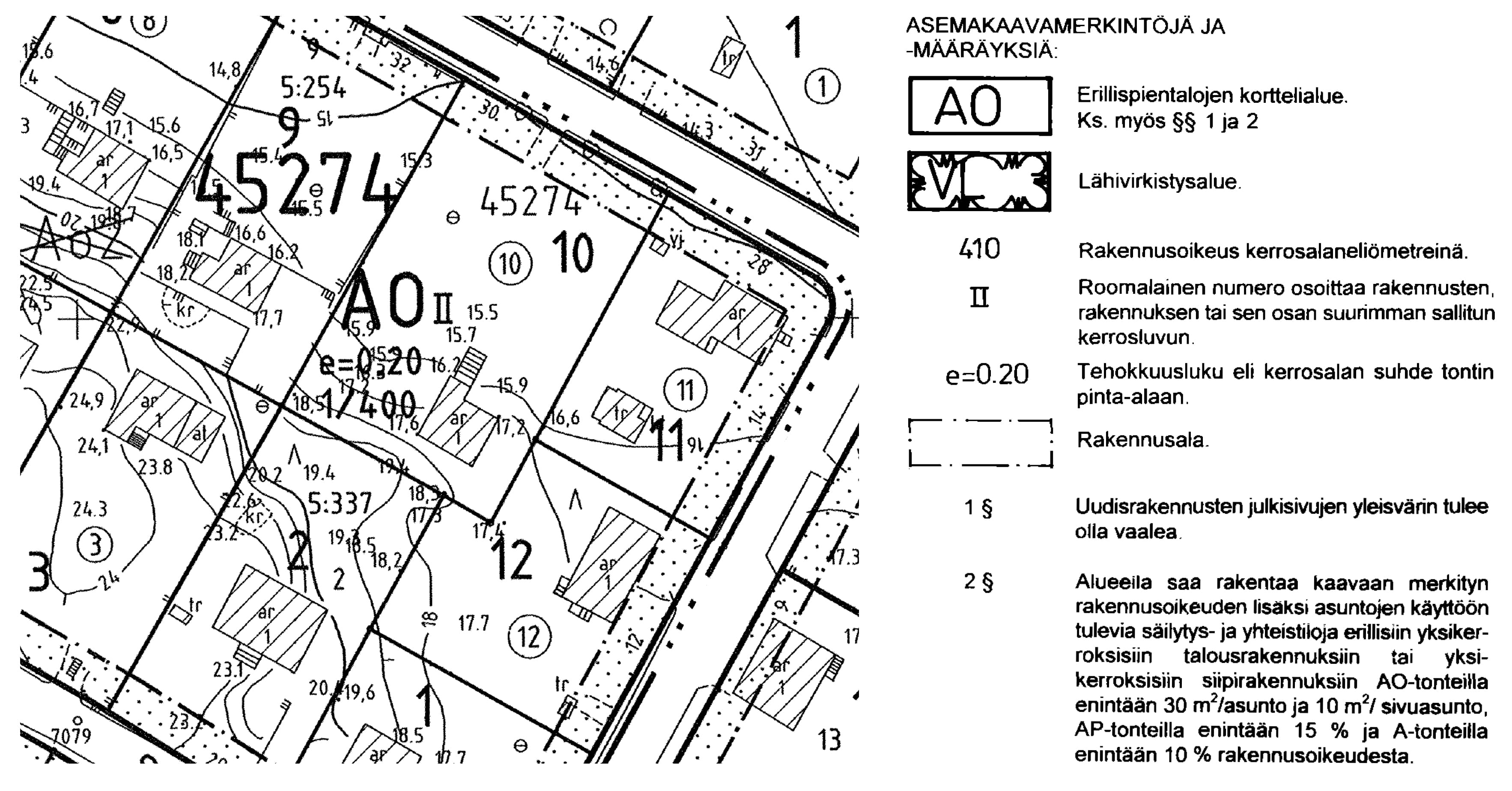 Ote kaavakartasta ja siihen liittyvistä kaavamerkinnöistä ja -määräyksistä.