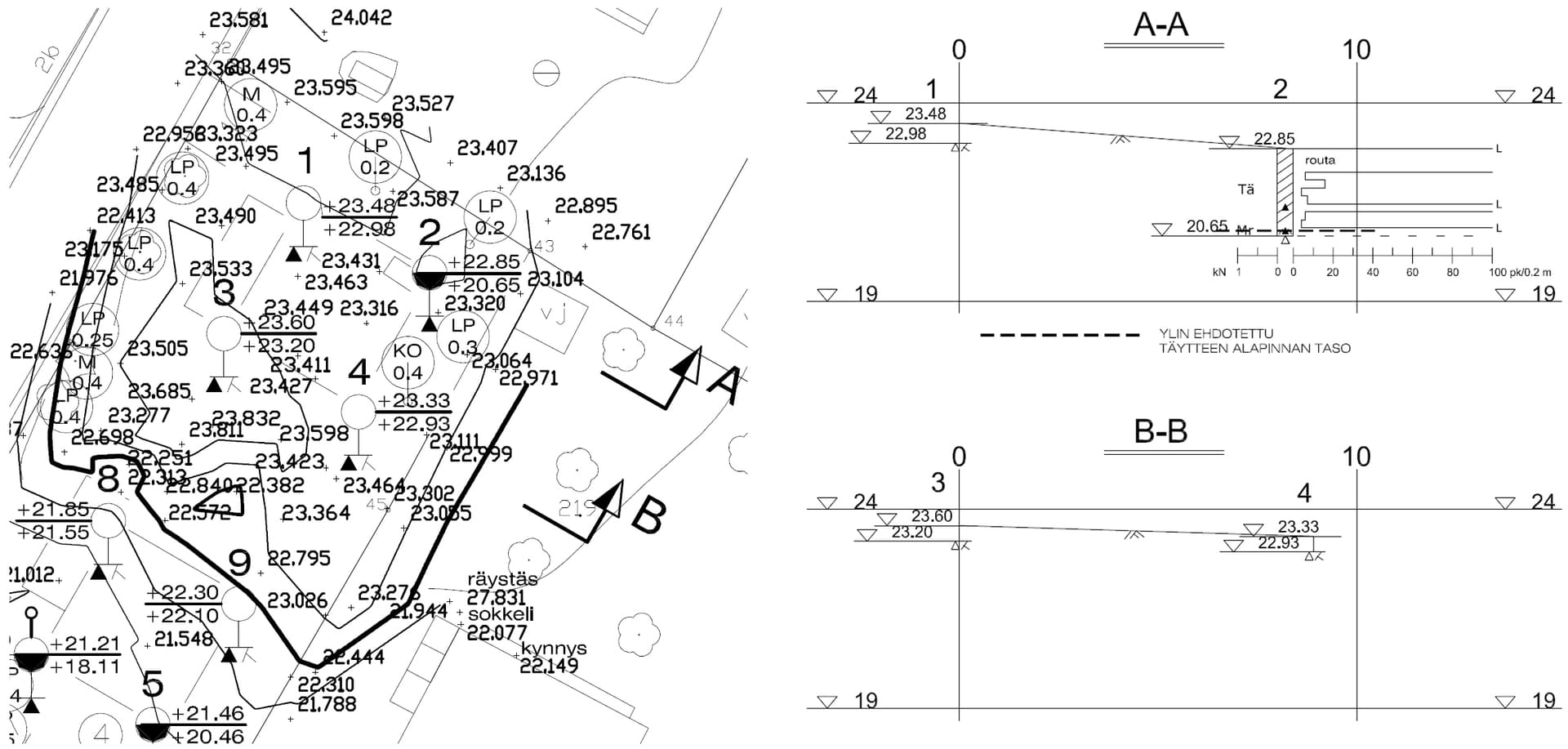 <p data-block-key="jrfq1">Ote pientalon pohjatutkimuskartasta ja leikkauksista kairauspisteiden kohdalta. Karttaan merkittynä myös pintavaaituspisteet sekä mitatut puut.</p>