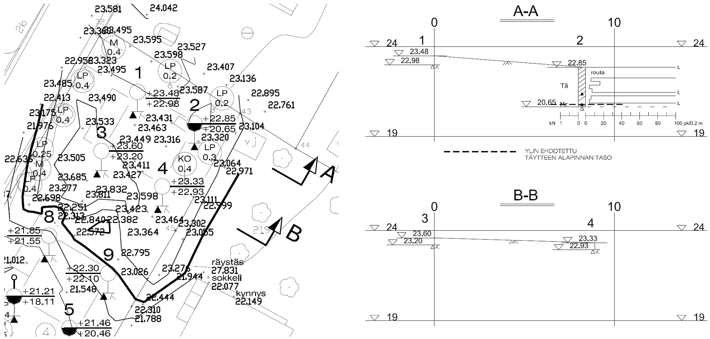 <p data-block-key="jrfq1">Ote pientalon pohjatutkimuskartasta ja leikkauksista kairauspisteiden kohdalta. Karttaan merkittynä myös pintavaaituspisteet sekä mitatut puut.</p>