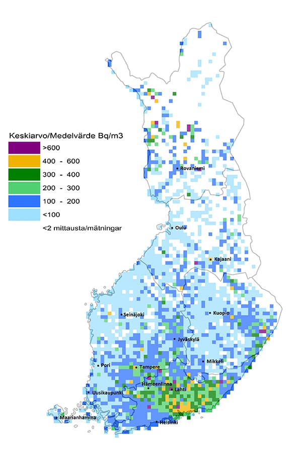 Lähde: Säteilyturvakeskus 27.7.2017. Pohjakartta: Maanmittauslaitos Kartta perustuu Säteilyturvakeskuksen vuonna 1986 – 2017 tehtyihin mittauksiin.