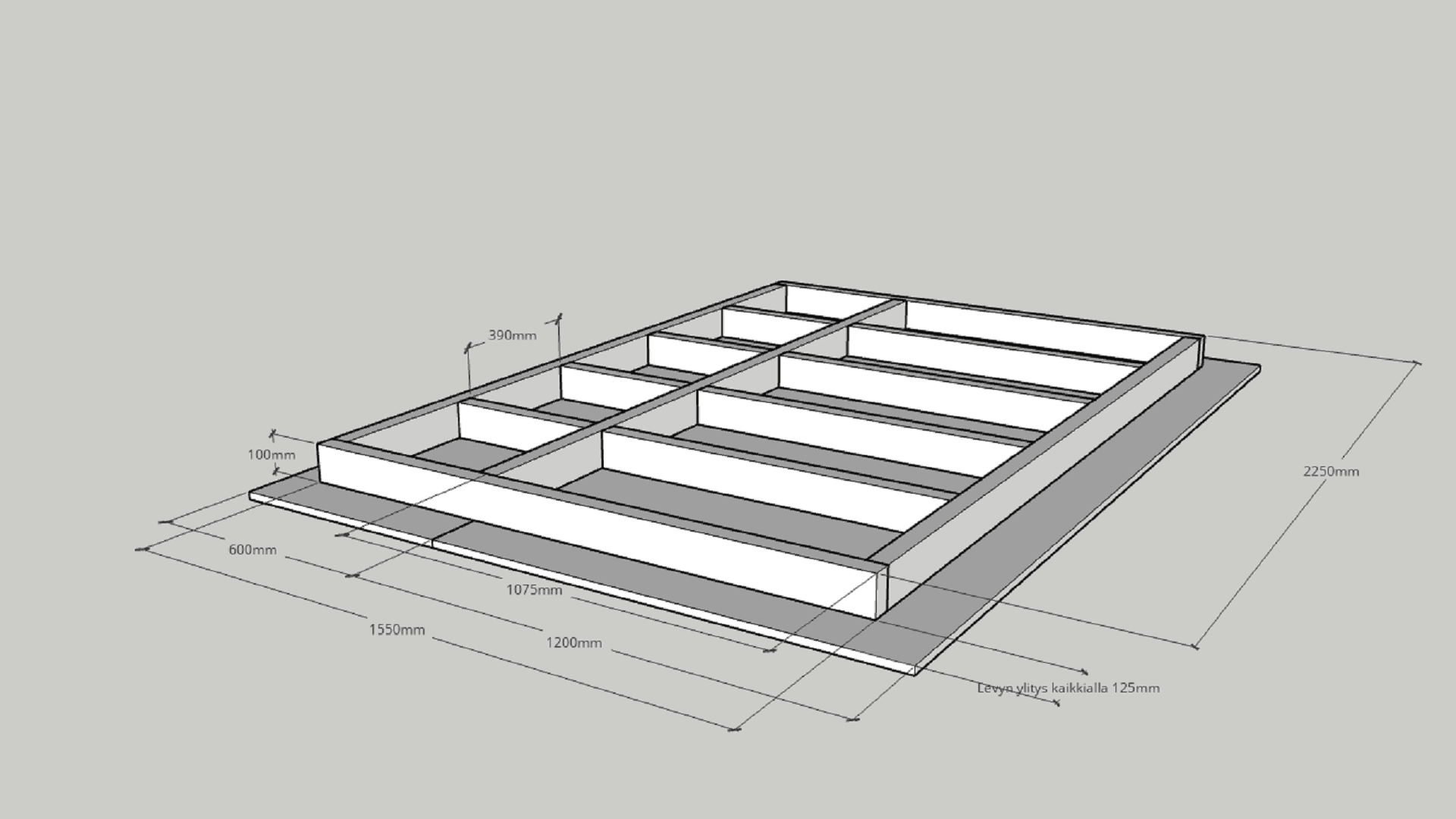 Alaslasku tehtiin lautakehikosta ja kipsilevystä. Kehikkoon kiinnitettiin 1,5 kipsilevyä ja kipsilevy muodosti 125 mm leveän hyllyn, johon led-valonauha asennettiin.