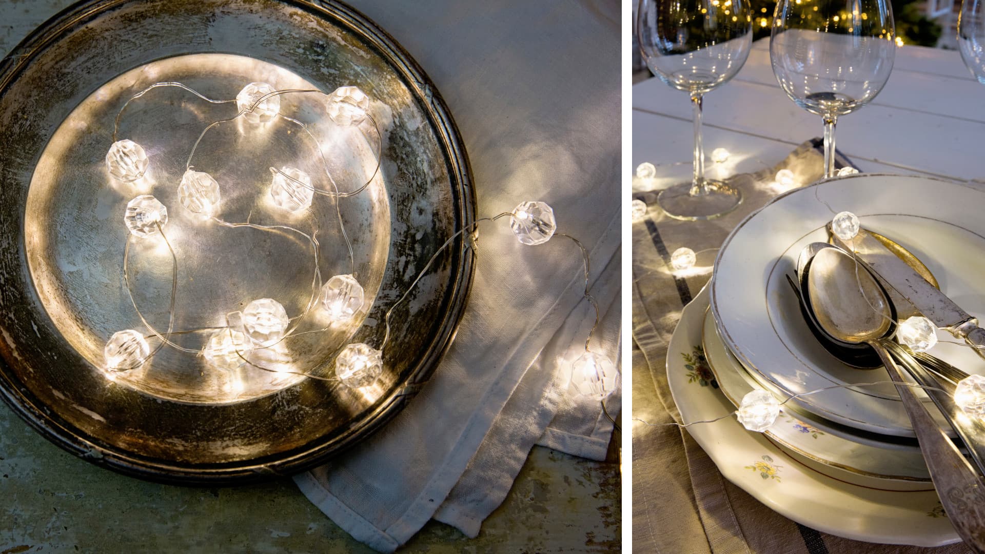 <p data-block-key="s8gyi">Saatavilla on kauniita paristoilla toimivia koristevalosarjoja, kuten tässä kattauksessa.</p>