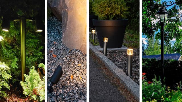 Neljä upeaa valaisinta: Pillar Tilt, Spike, Luxor ja Kartano Pole.