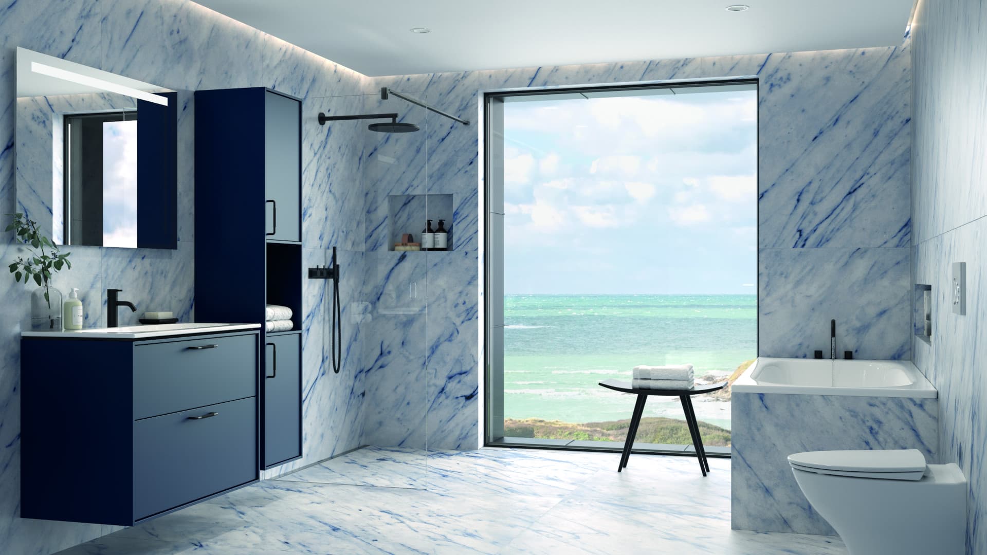 Kylpyhuoneeseen kontrastia tummilla yksityiskohdilla - tutustu trendeihin