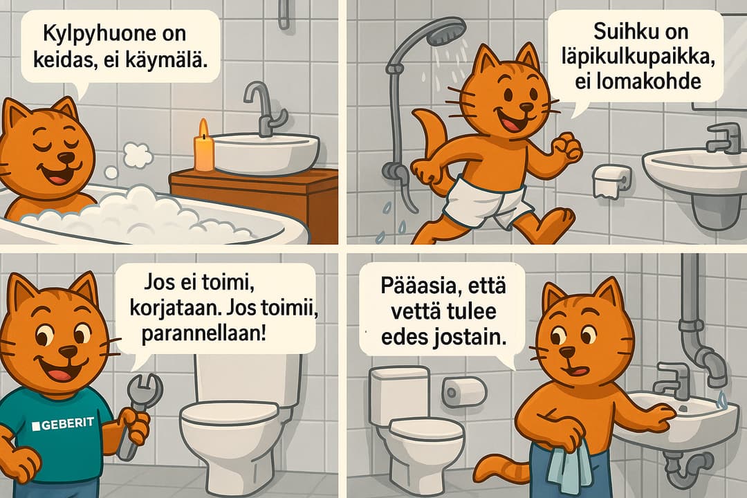 neljän kuvan sarjakuva Geberit kissahahmoista