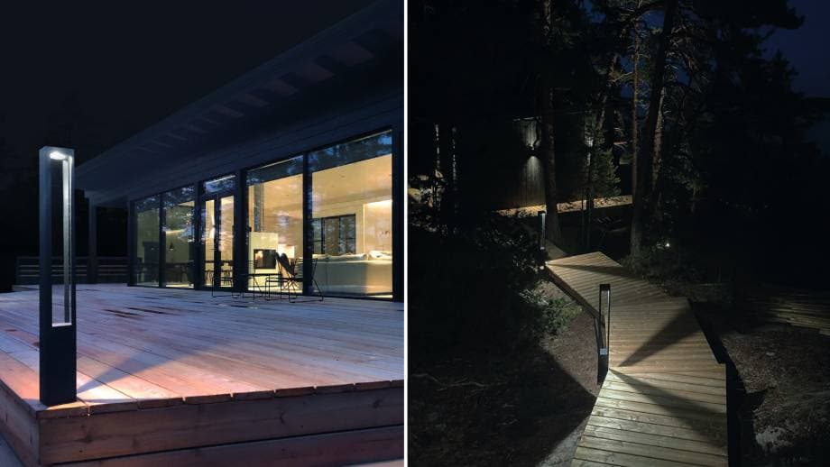 <p data-block-key="hasfl">KUVA 5 Funk Pillar -pilarivalaisin terassin kulmalla ja portaikon askelmissa mökillä </p>