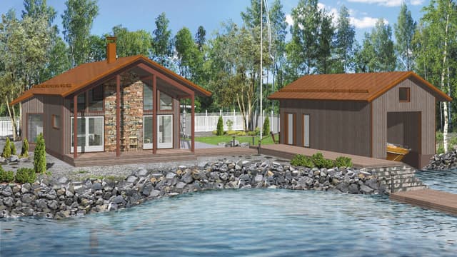 eikka-mökin suunnitelmapiirustukset julkisivu ja piha