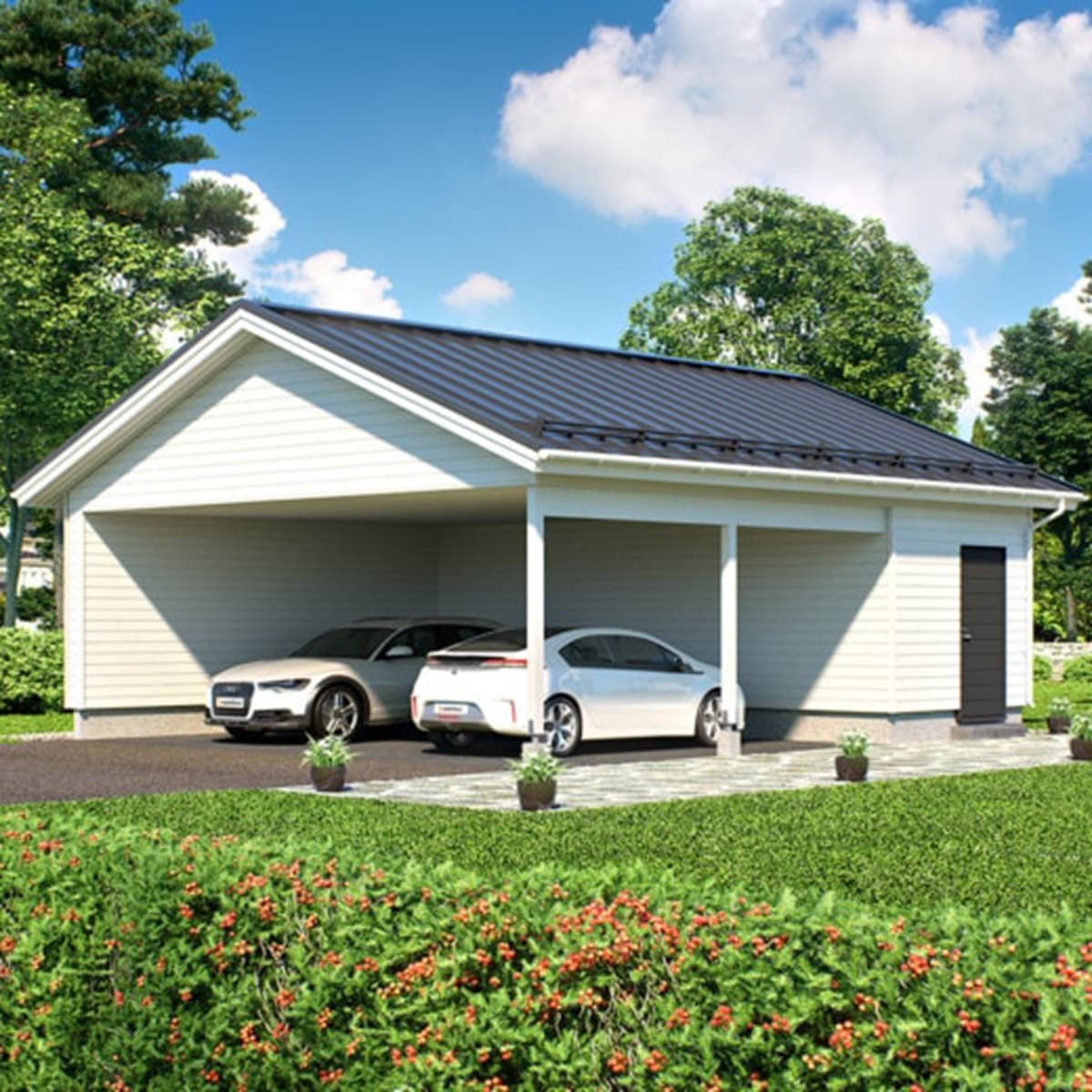 <p data-block-key="jcciz">2 auton katos, varasto (kerrosala 24,5 m²). Kahden auton katos sekä erittäin tilava varasto.</p>