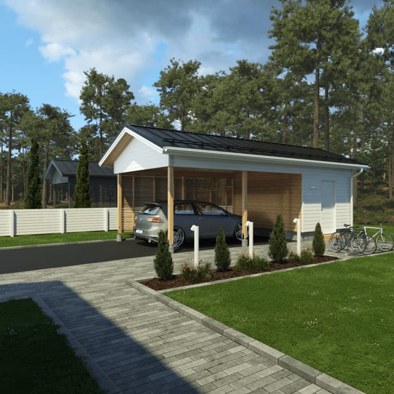 <p data-block-key="yk8bk">Edullinen yhden auton autokatos, jossa tilava varasto päädyssä. Autokatos, varasto (kerrosala 13 m²).</p>