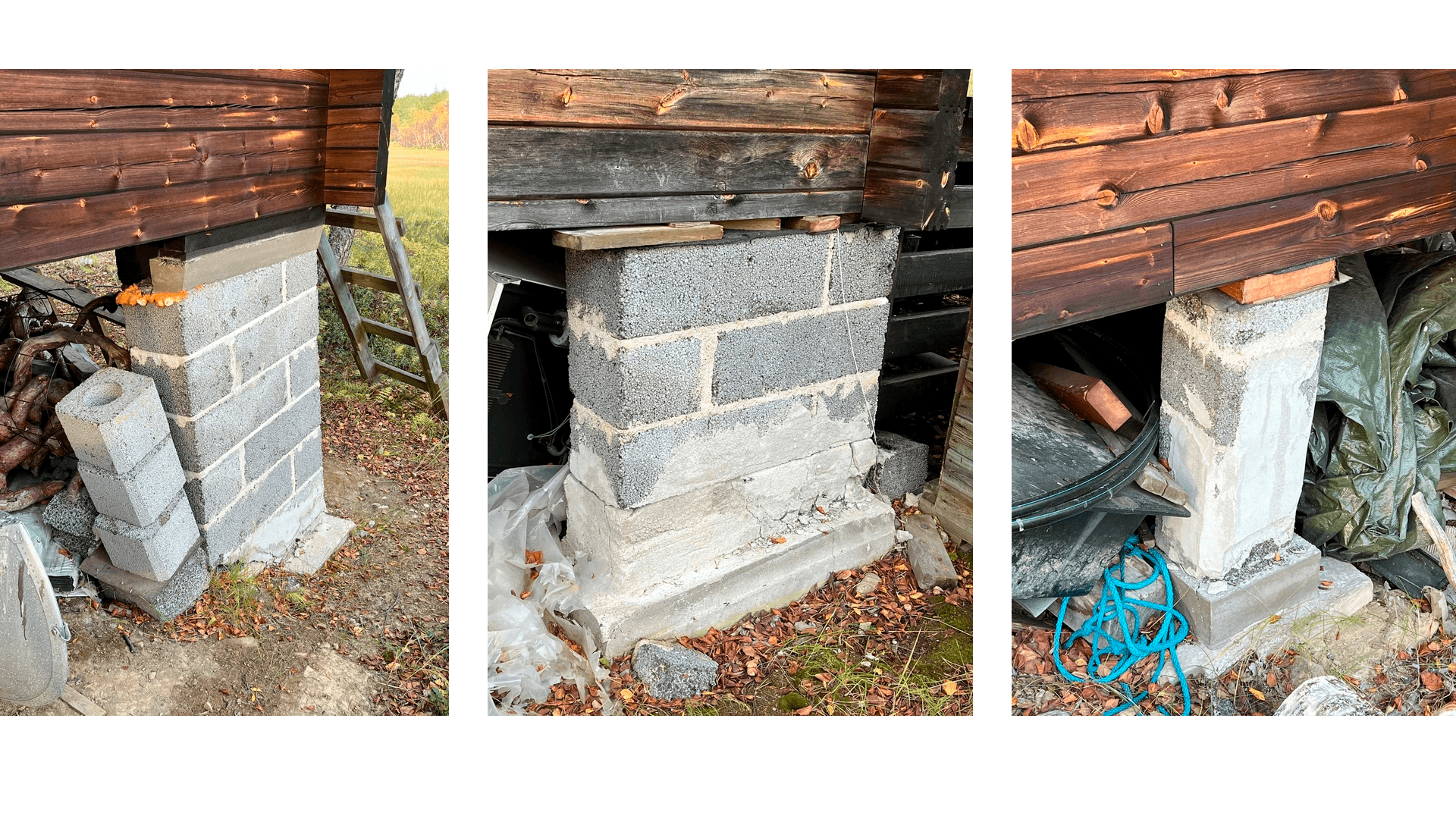 kolme kuvaa pettävistä pilariperustuksista mökin alla