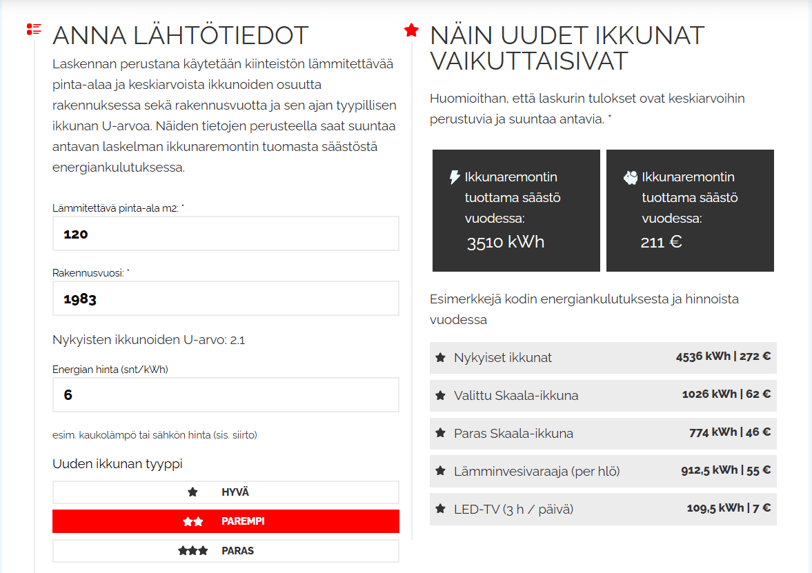 kuvakaappaus Skaalan laskentatyökalusta