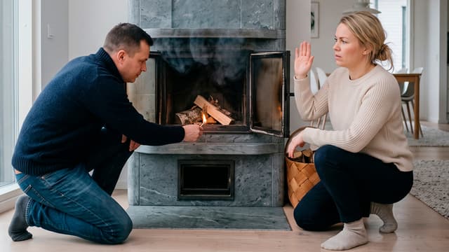 Pariskunta yrittää sytyttää takkaa olohuoneessa, mutta savu tulee sisälle.