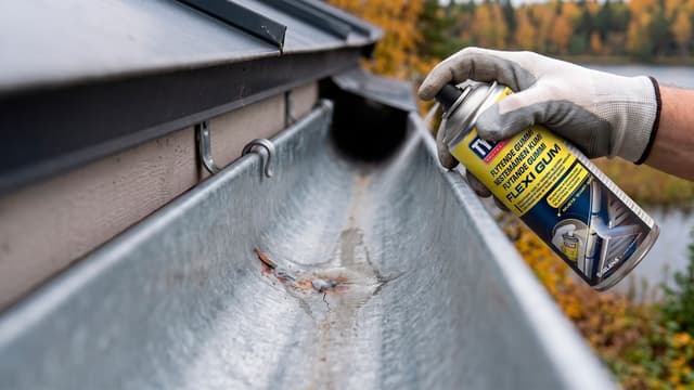 mies suihkuttaa paikkaus spraytä vuotavaan ränniin
