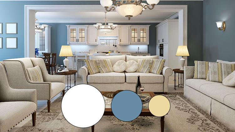 Tässä sisustuksessa seinien väriksi on valittu aksenttiväri (30 %) ja valkoista pääväriä toistetaan taas enemmän huonekaluissa hieman sävytettynä.