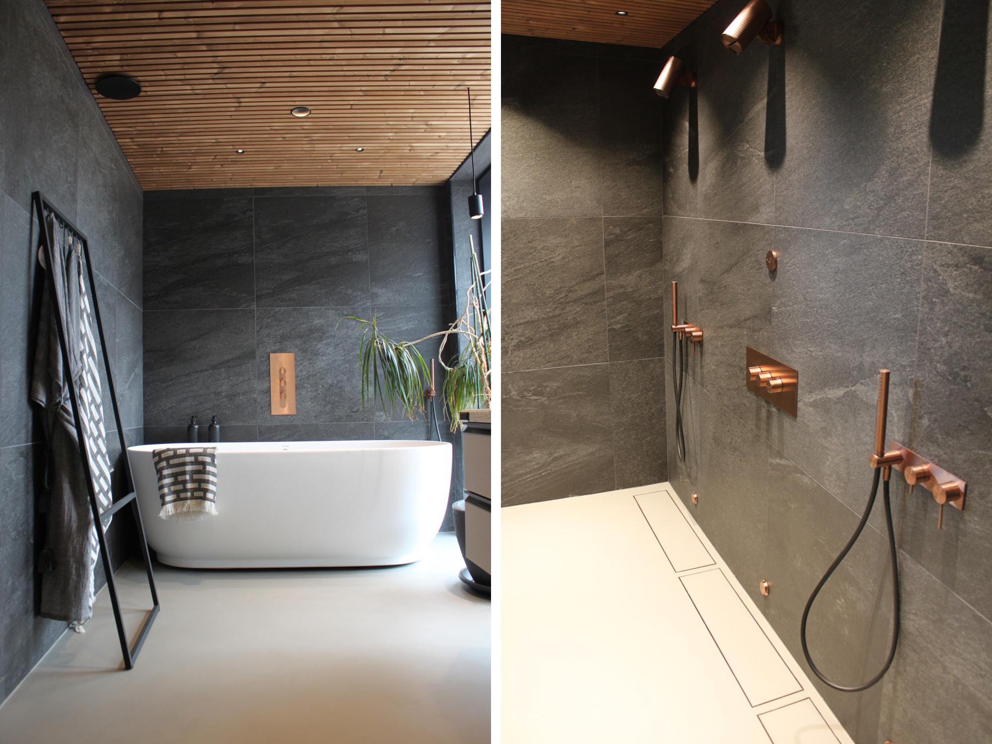 Talo Sensun (8) kylpyhuonetiloissa on ylellisyyden tuntua. Suuret kivimäiset seinälaatat ja yhtenäinen hartsilattiapinta ovat saaneet parikseen mm. Gessin suihkut ja Vieserin linjalattialaivot.