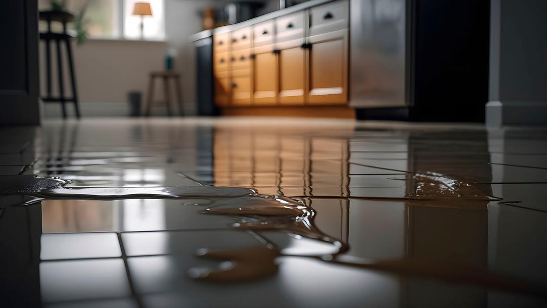 keittiön lattialle on valunut vettä ja aiheuttanut vesivahingon