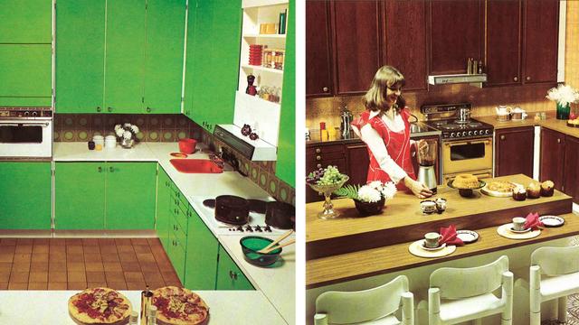 vasemmassa kuvassa 70-luvun kirkkaanvihreä keittiö ja oikealla 70-luvun keltainen keittiö