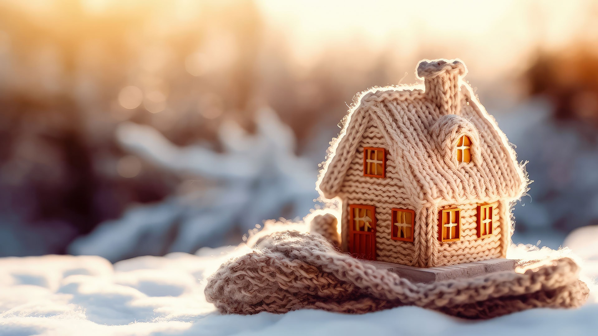 1920 Villasta kudottu pieni talon pienoismalli taustalla talvinen maisema