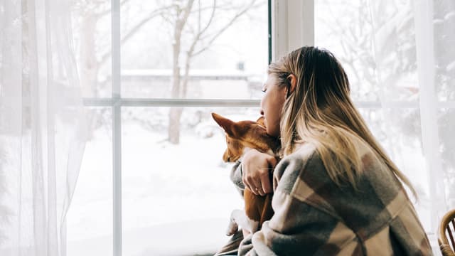 Nainen istuu ikkunan edessä pitäen sylissään koiraa