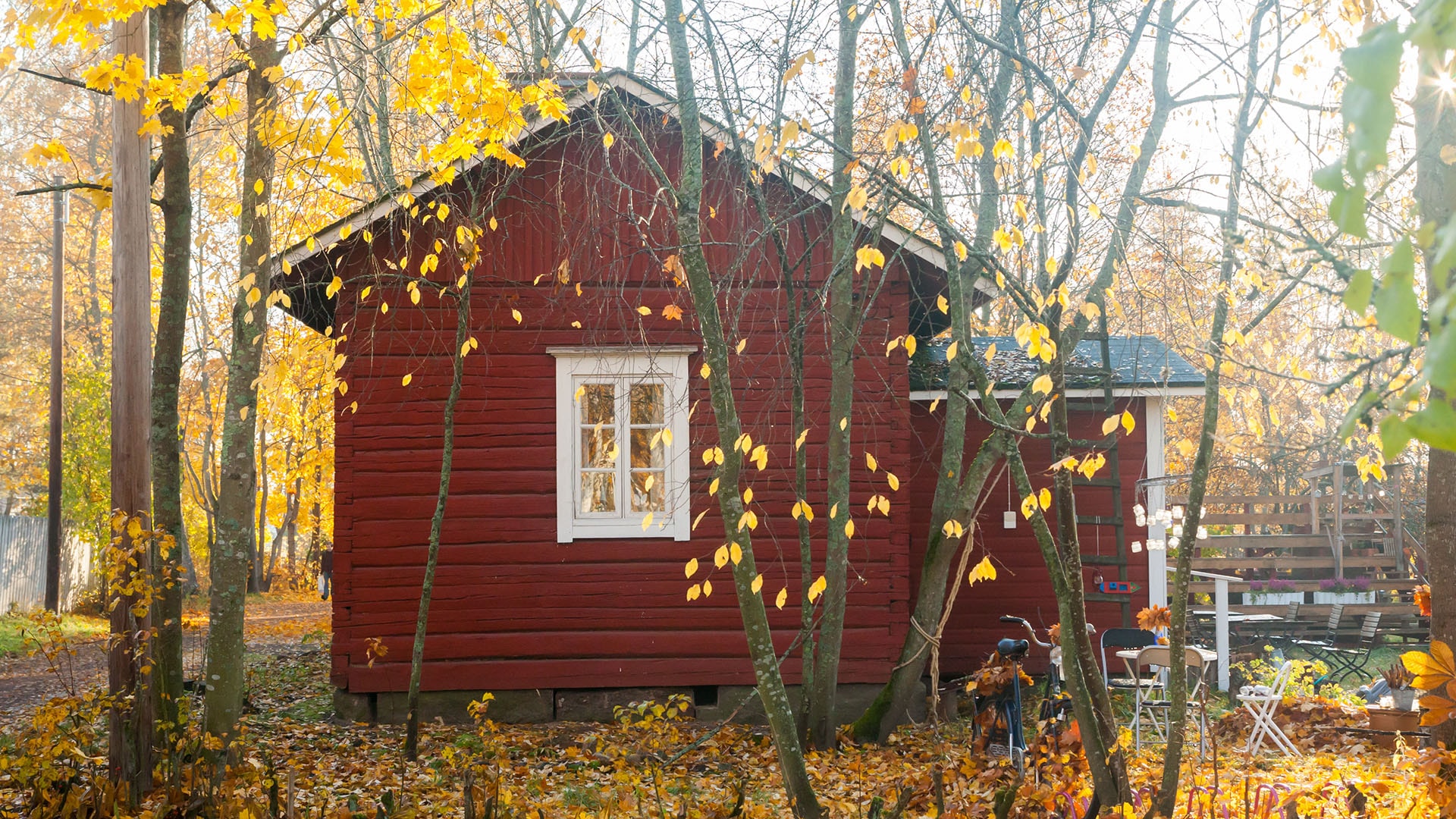 1920 punainen hirsimökki lehtipuiden keskellä