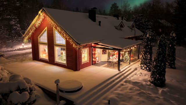 punainen lumonin lasiterassilla varustettu talo talvisessa maisemassa