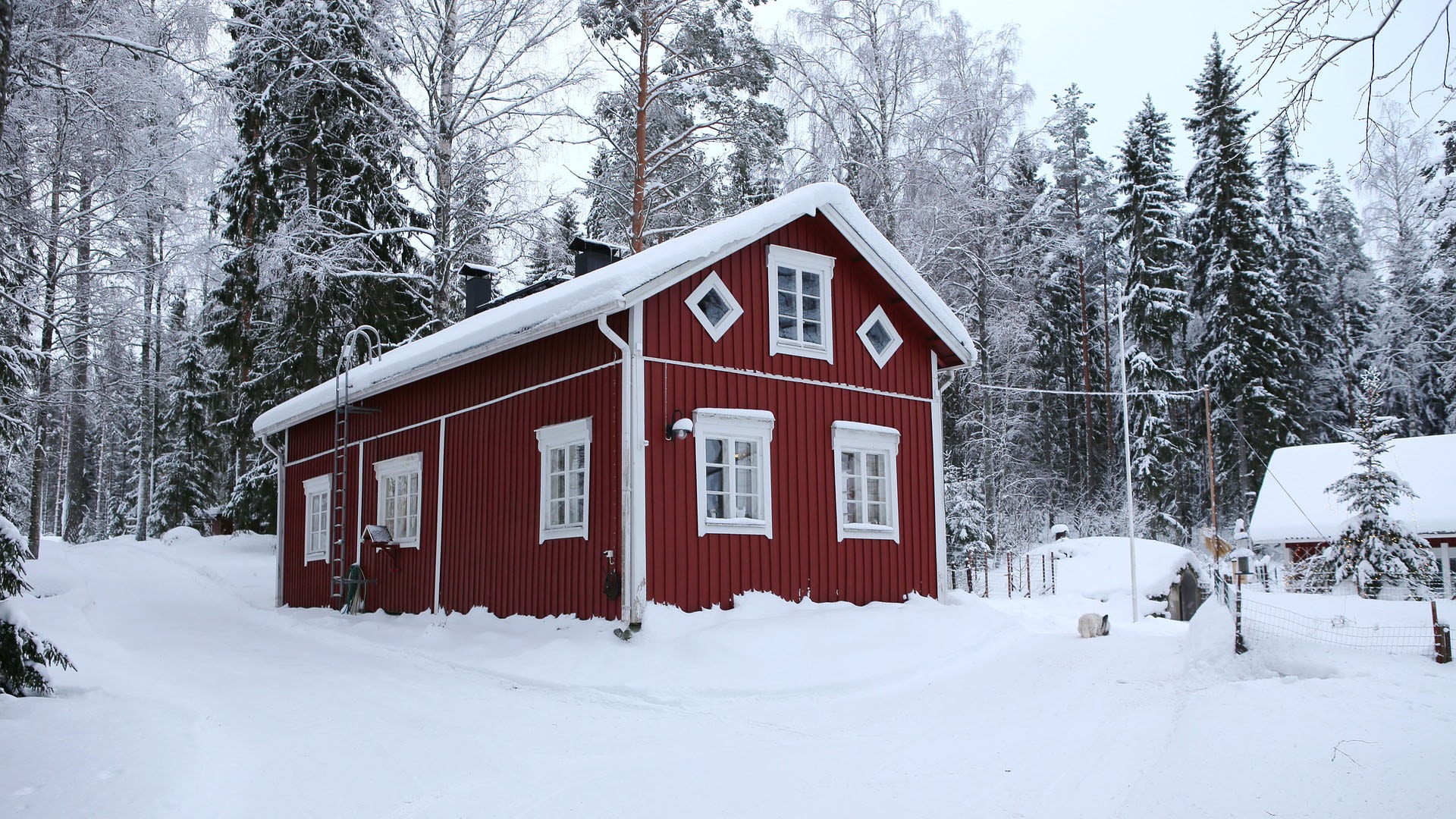 1920 punainen talo lumisen maiseman keskellä house-3987002_1920