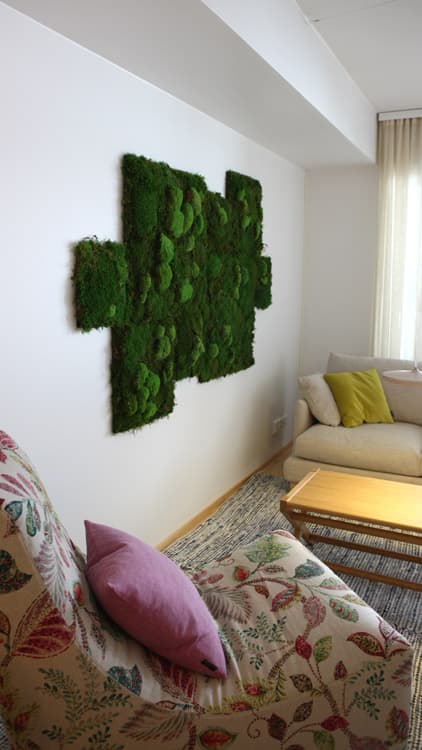 <p data-block-key="hpexf">Olohuoneen seinälle tehty mielenkiintoinen sammal-taulu, kohde 2, PuuMera.</p>