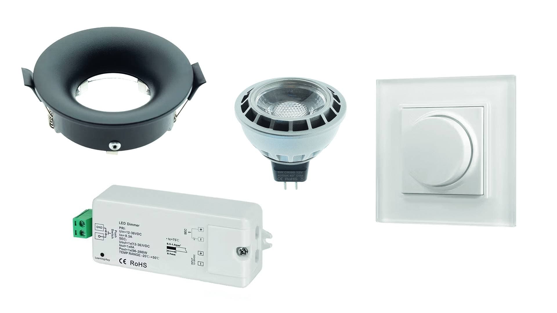 <p data-block-key="hasfl">KUVA 2 Aurinkosähköön sopivat langattomasti himmennettävät valaisimet rakentuvat neljästä osasta, kehys, led-polttimo, ja ryhmälle yksi vastaanotin ja himmennin. Kehysmalleja ja himmenninmalleja on saatavilla useita erilaisia. </p>