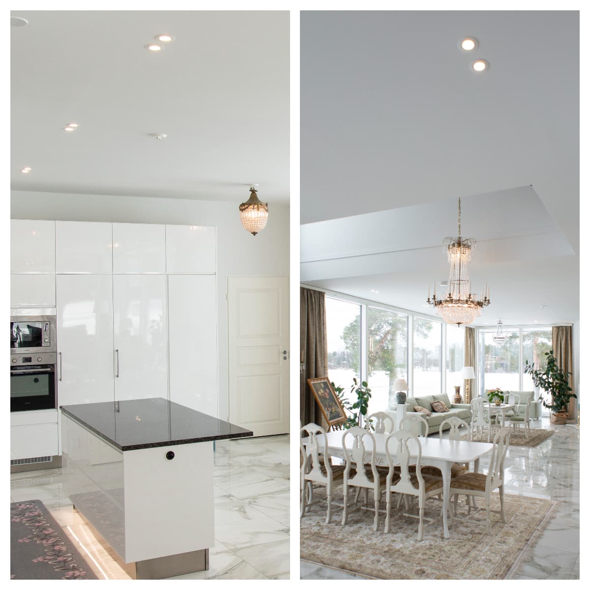 <p data-block-key="upfsi">Yleisvalaistuksena riippuvien valaisimien kanssa käytettiin 9W suunnattavaa valkoista spottia. Hyvän lisän valaistukseen tuo keittiössä saarekkeen valaisu lattiaa kohti sekä ikkunan edustalla kulkeva led-nauha lattiaupotusprofiilissa.</p>