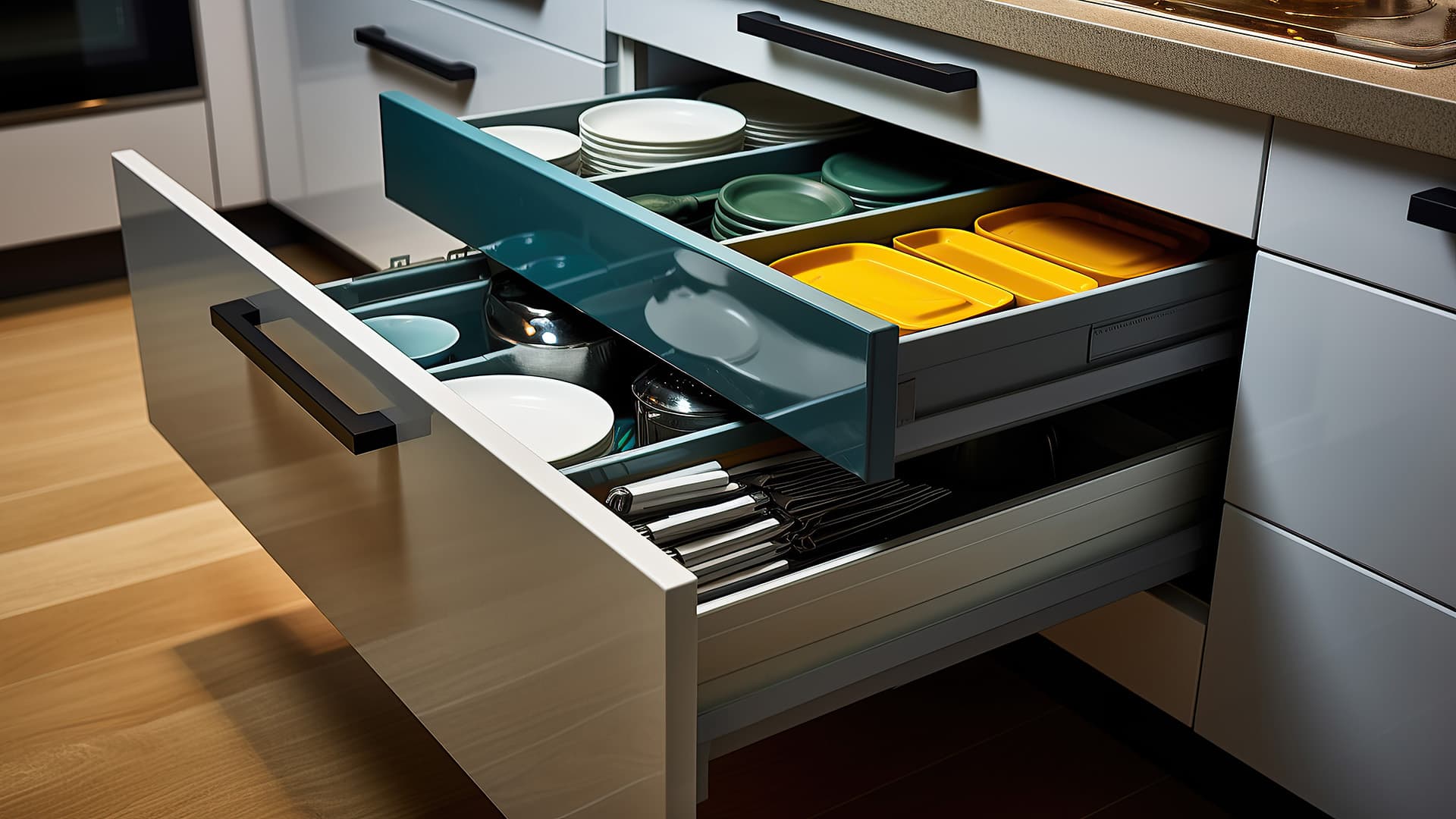 kaksi avattua suurta keittiölaatikkoa, joista toisessa on lautasia ja toisessa muita astioita