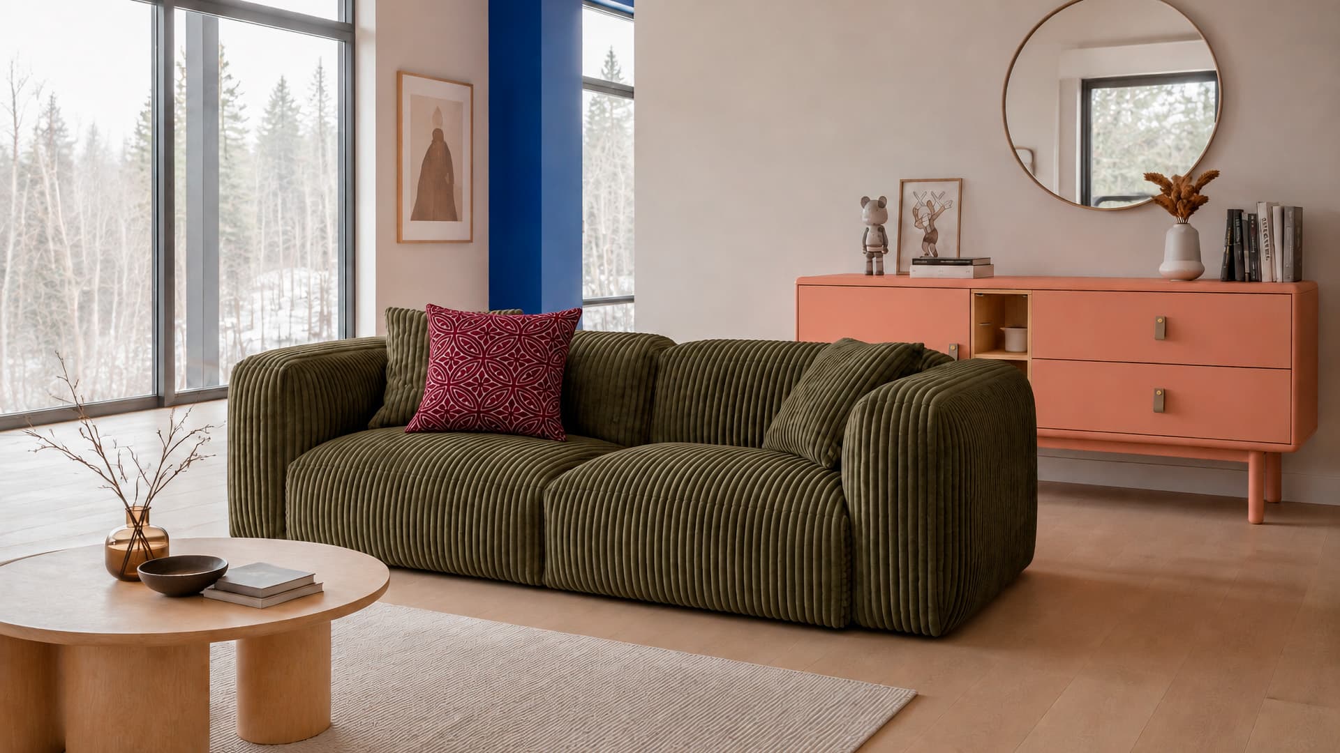<p data-block-key="rf82m">Vihreä Micadoni Martina XL -sohva, vaaleanpunainen Home4You Iris -senkki ja viininpunainen Finlayson Elektra -tyynynpäällinen kokoavat olohuoneeseen vuoden 2027 vahvoja trendivärejä. Sininen tehosteväri terävöittää yhdistelmää. (Tekoälyllä tuotettu havainnekuva. Tarkista tuotteiden todelliset sävyt ja yksityiskohdat tuotetiedoista.)</p>