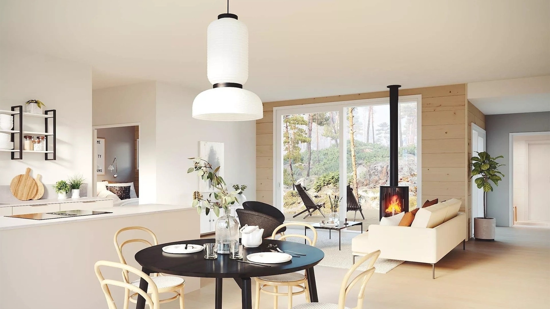 Kastelli Aisti 135/150 talomalli sisältä sisustus tulisijalla